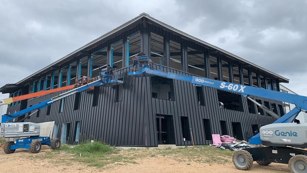 Steel frame of a barndominium under construction